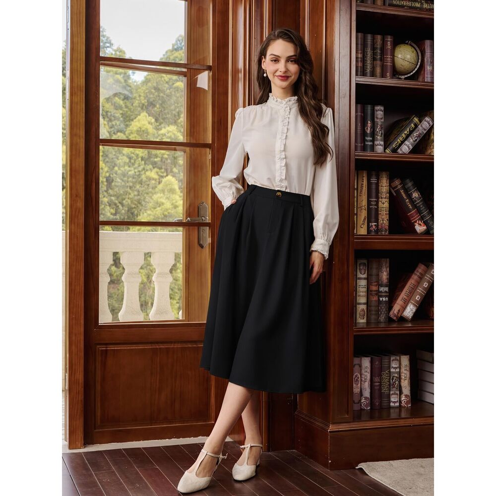 6838 Casual Midi Skirt A Line High Elastic Waisted Pleated Vintage Skirt - Picture 4 of 8